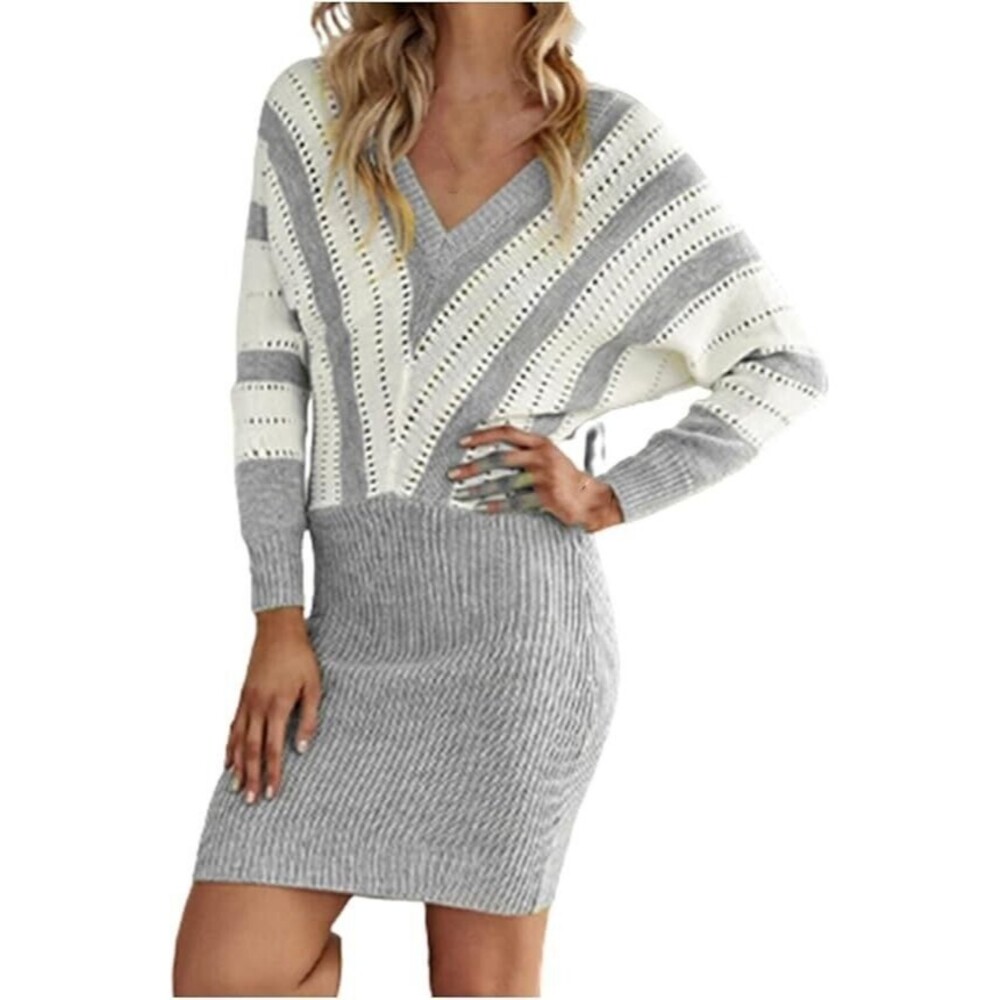 Women's sweater dress stripe size medium gray white deep v neck soft knit A10
